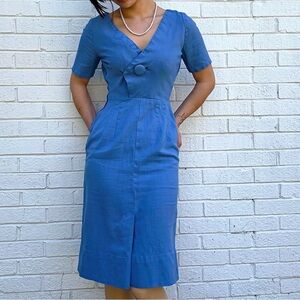True Vintage 1950s 1960s Blue Day Dress Tailored Midi XS/S